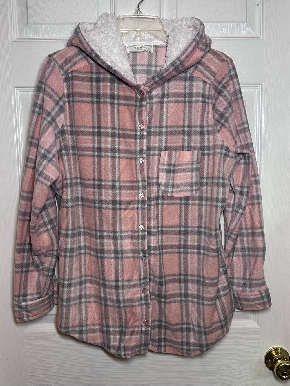 No Comment Women's Size 1X Pink Plaid Fleece Hooded Button Front Jacket Shacket